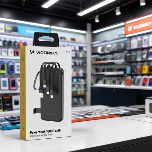 Wozinsky W11-B Powerbank 10000mAh 10W with Built-in Cables and Flashlight Black