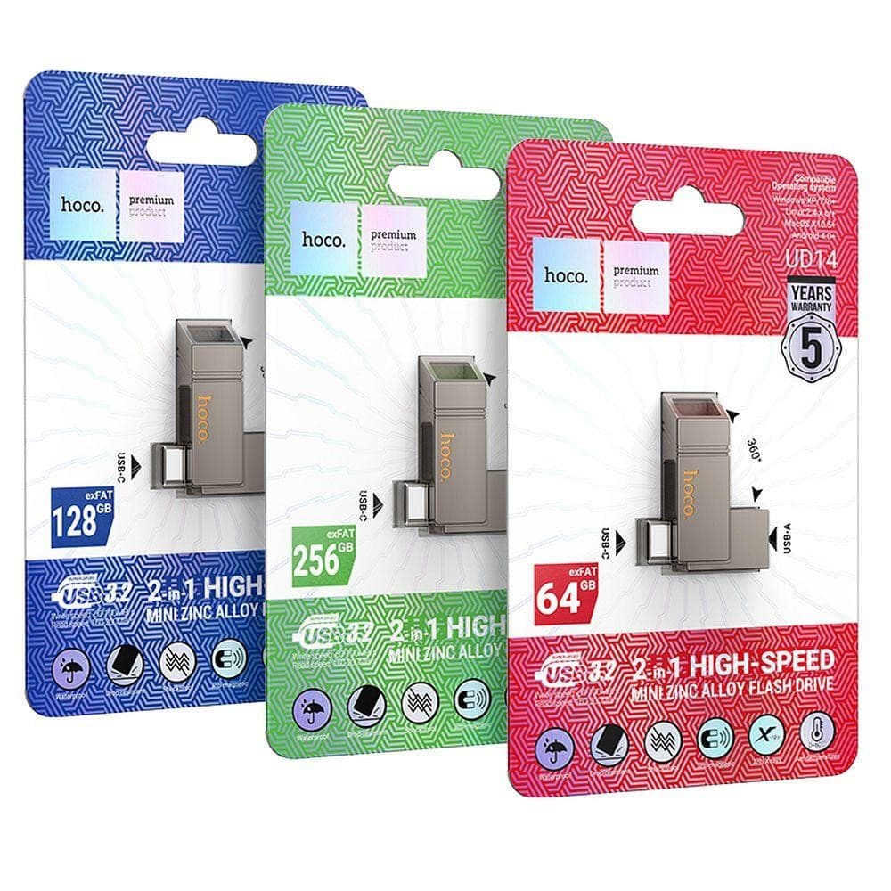 hoco UD14 2-in-1 High-Speed Mini Zinc Alloy Flash Drive 64GB USB 3.2 Gray