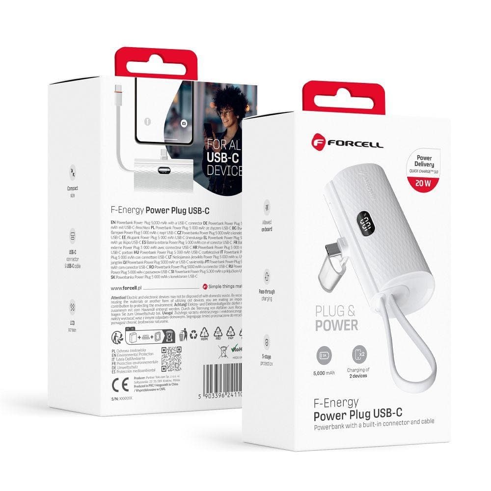 Forcell F-Energy Power Plug F5K3 Powerbank 5000mAh PD 20W with Built-in USB-C Connector White