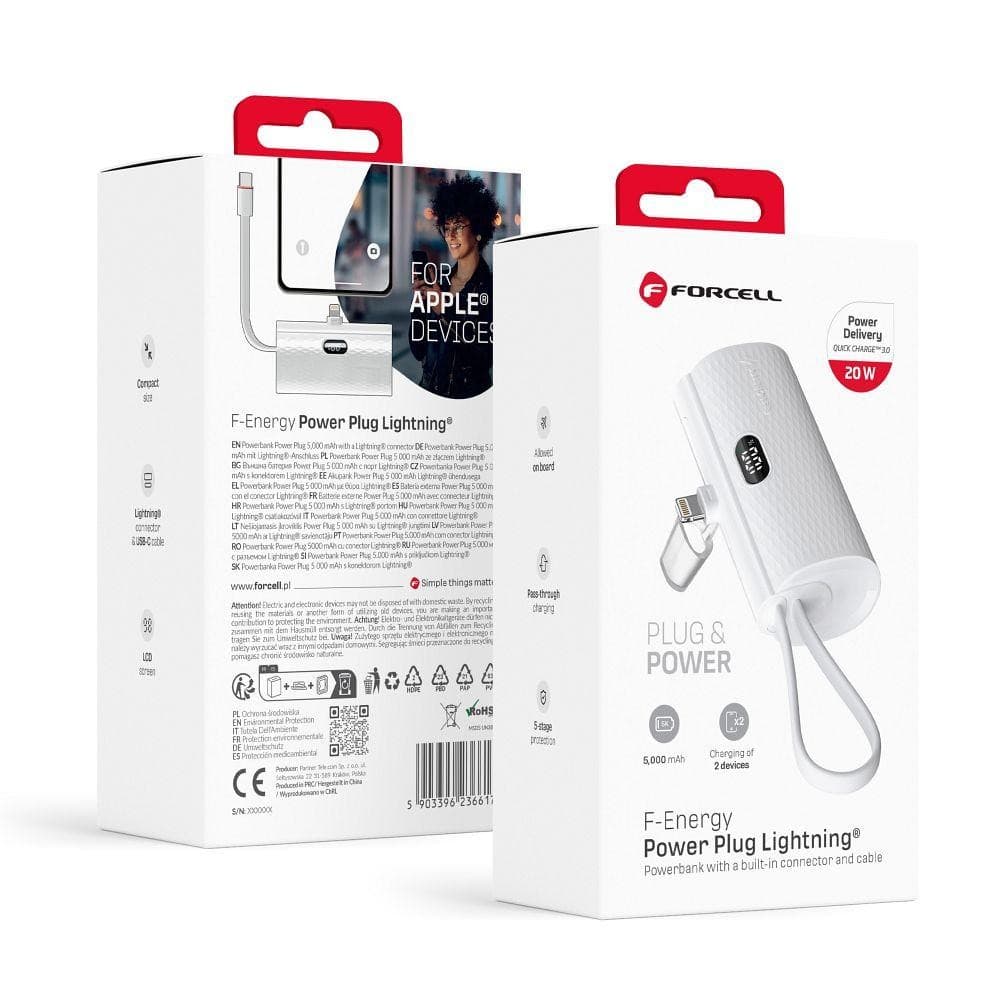 Forcell F-Energy Power Plug F5K3 Powerbank 5000mAh PD 20W with Built-in Lightning Connector White