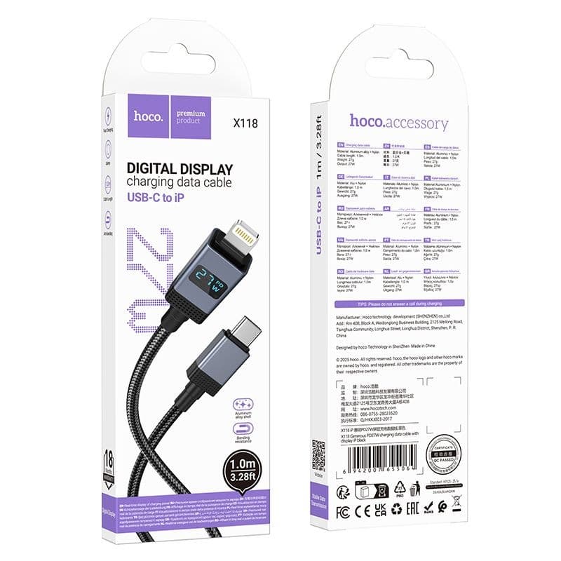 hoco X118 Generous PD27W USB-C to Lightning Digital Display Charging Data Cable 1 m Black