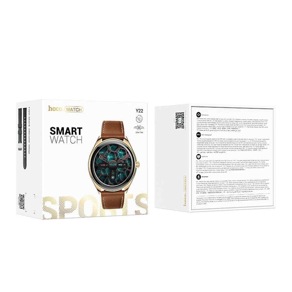 hoco Y22 Round Smart Watch Gold with Brown Leather Strap