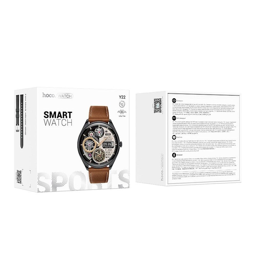 hoco Y22 Round Smart Watch Black with Brown Leather Strap
