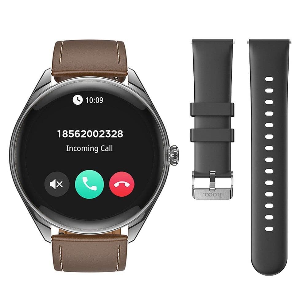 hoco Y22 Round Smart Watch Black with Brown Leather Strap
