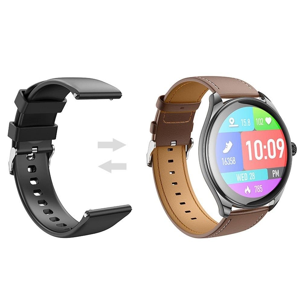 hoco Y22 Round Smart Watch Black with Brown Leather Strap
