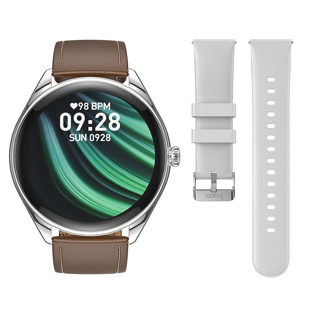 hoco Y22 Round Smart Watch Silver with Brown Leather Strap
