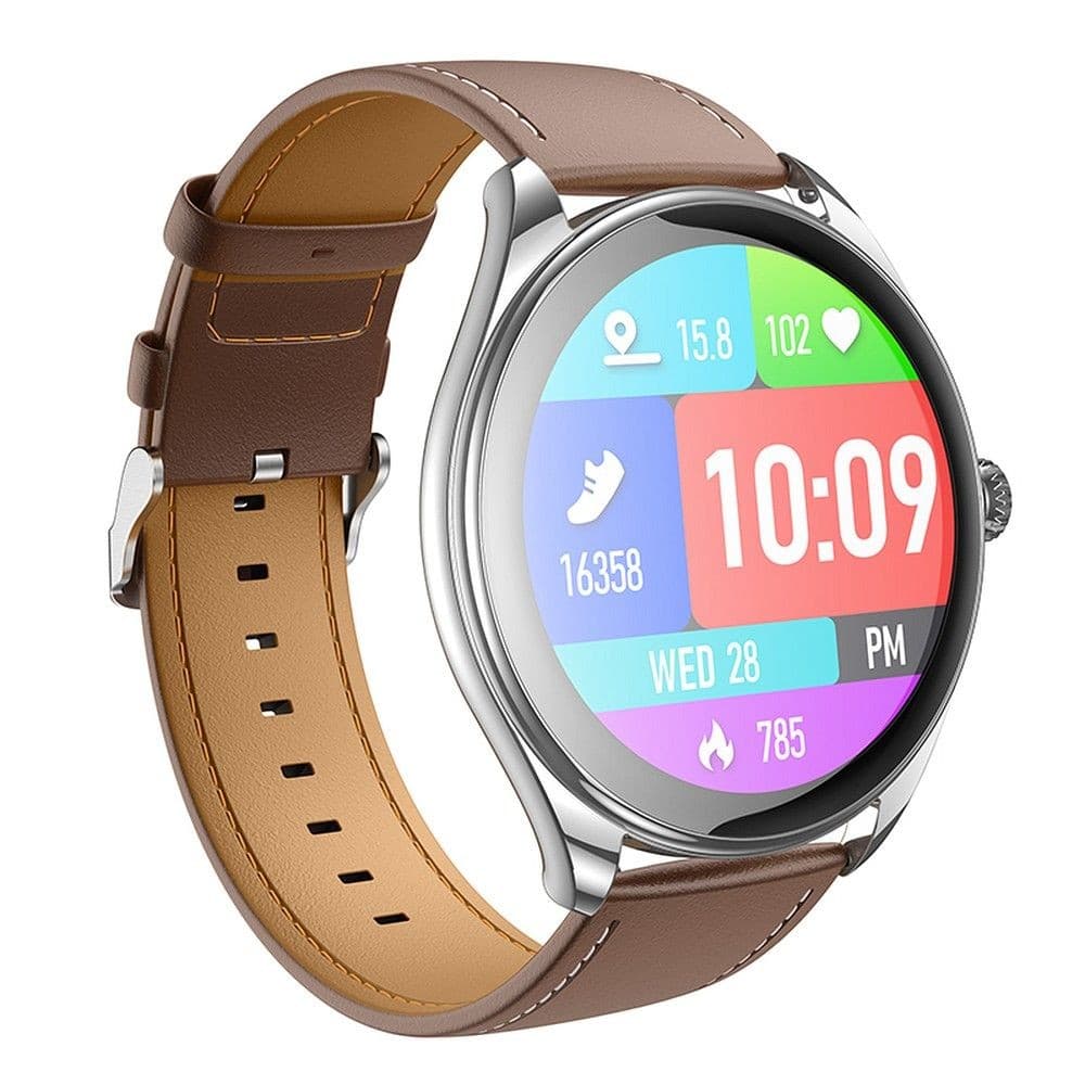 hoco Y22 Round Smart Watch Silver with Brown Leather Strap