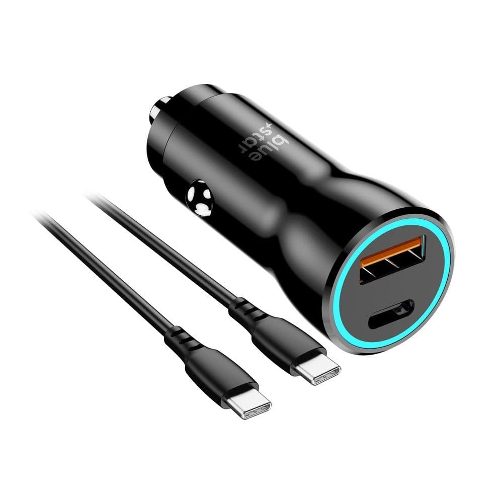 Blue Star Car Charger USB-C + USB-A with Detachable USB-C Cable Black