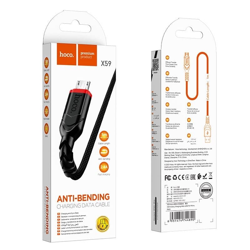 hoco X59 Victory USB-A to Micro USB Anti-Bending Charging Data Cable 1m Black
