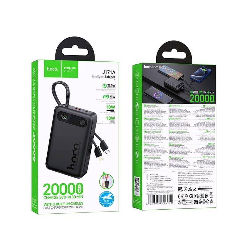 hoco J171A Intelligent Balance 20000mAh Power Bank with 2 Built-in Cables Black
