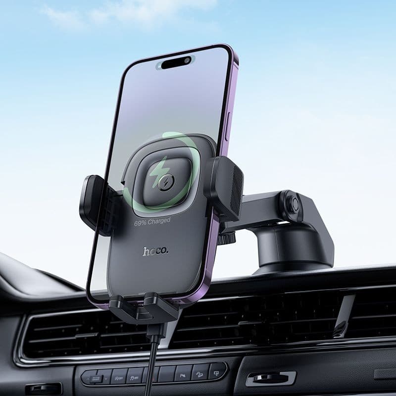 hoco HW32 Crown Series 15W Wireless Charging Centre Console Car Holder Black Metal Grey