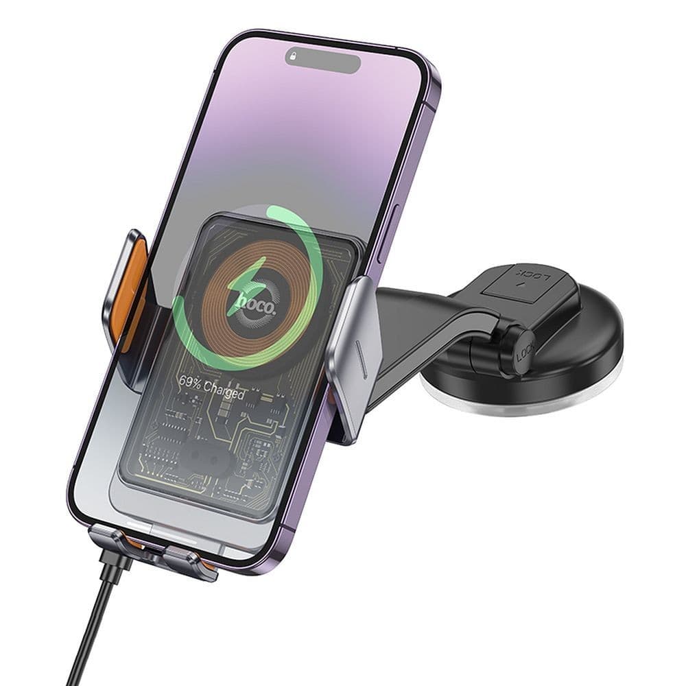 hoco HW8 Transparent Discovery Edition 15W Automatic Clamping Wireless Charging Car Holder Metal Grey