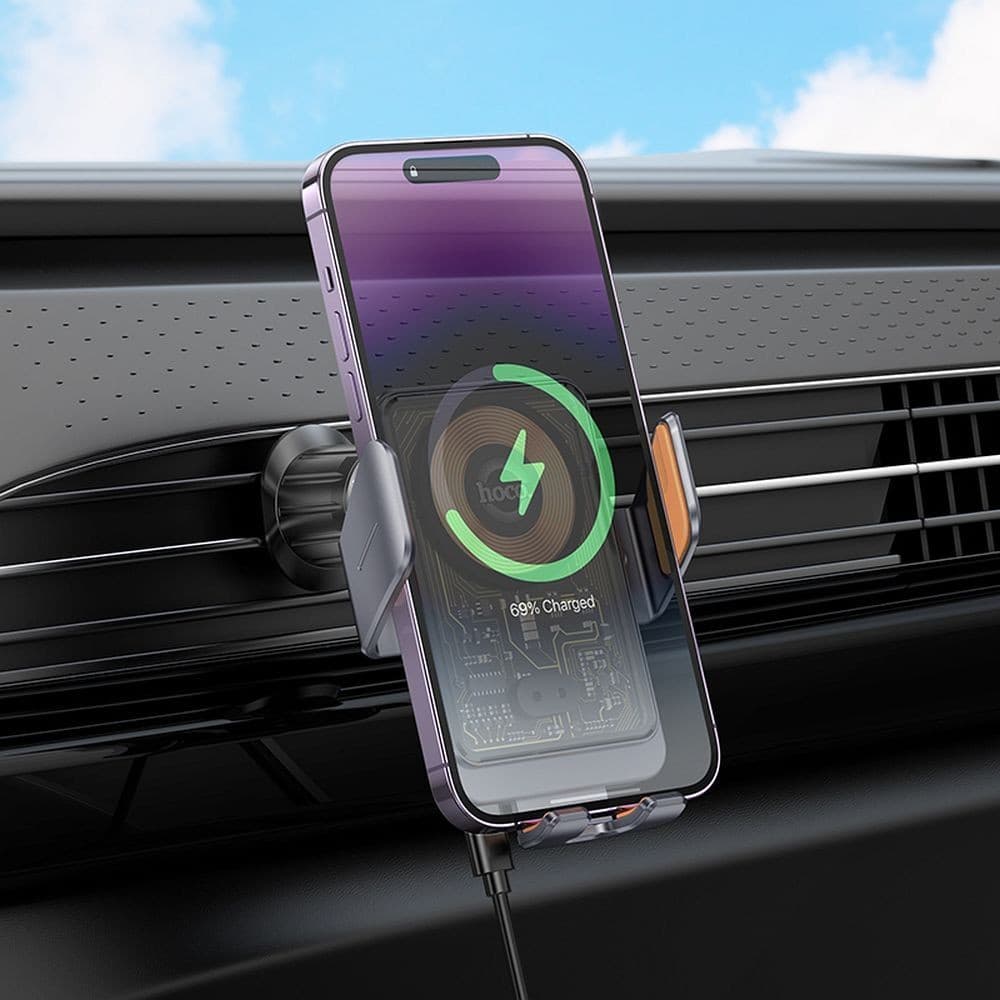 hoco HW7 Transparent Discovery Edition 15W Wireless Charging Car Holder (Air Outlet) Metal Grey