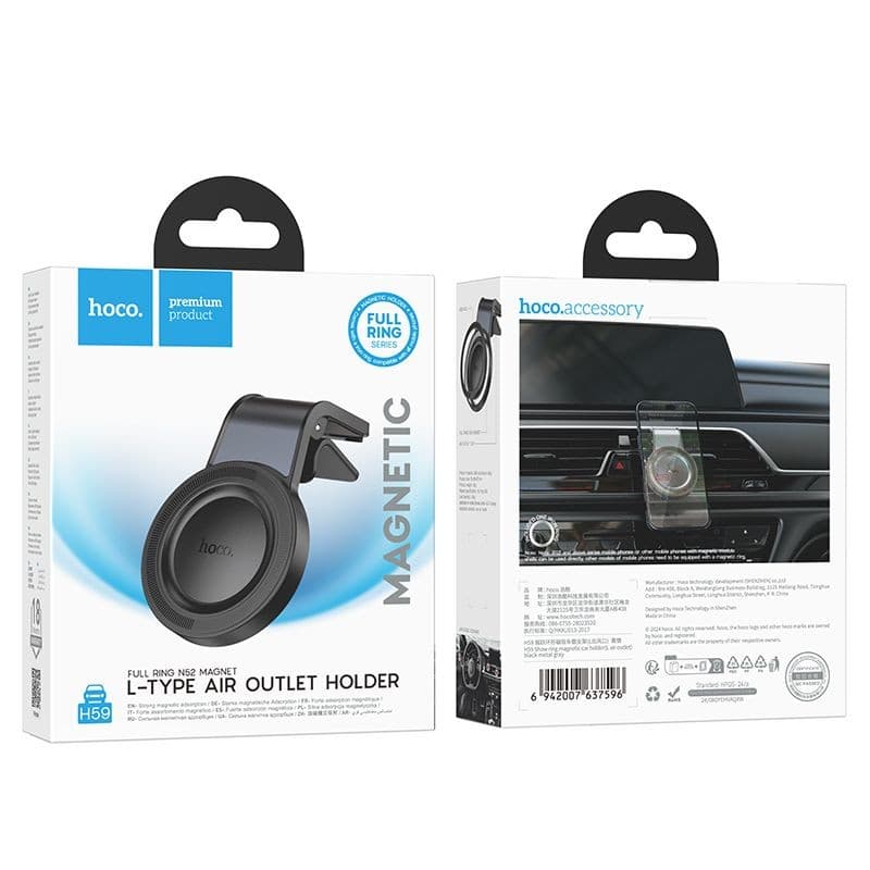 hoco H59 Show Ring Full Ring N52 Magnetic L-Type Air Outlet Car Holder Black Metal Grey