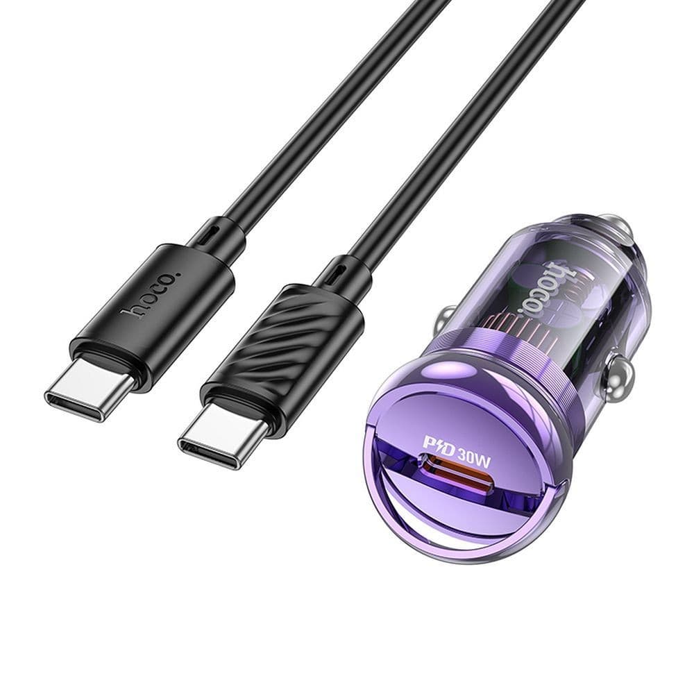 hoco Z53 Sight Single Port PD30W Car Charger Set with Type-C to Type-C Cable Transparent Purple