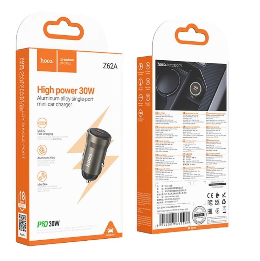 hoco Z62A Energy High Power 30W Aluminium Alloy Single Port Mini Car Charger Gold
