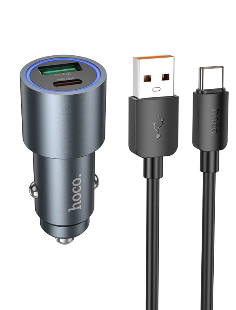 hoco Z60 Bloom 48W Dual Port Metal Car Charger Set with USB-A to USB-C Cable Metal Grey