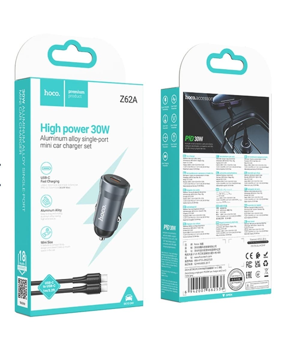 hoco Z62A Energy High Power 30W Aluminium Alloy Single Port Mini Car Charger Set with Type-C to Type-C Cable Metal Grey
