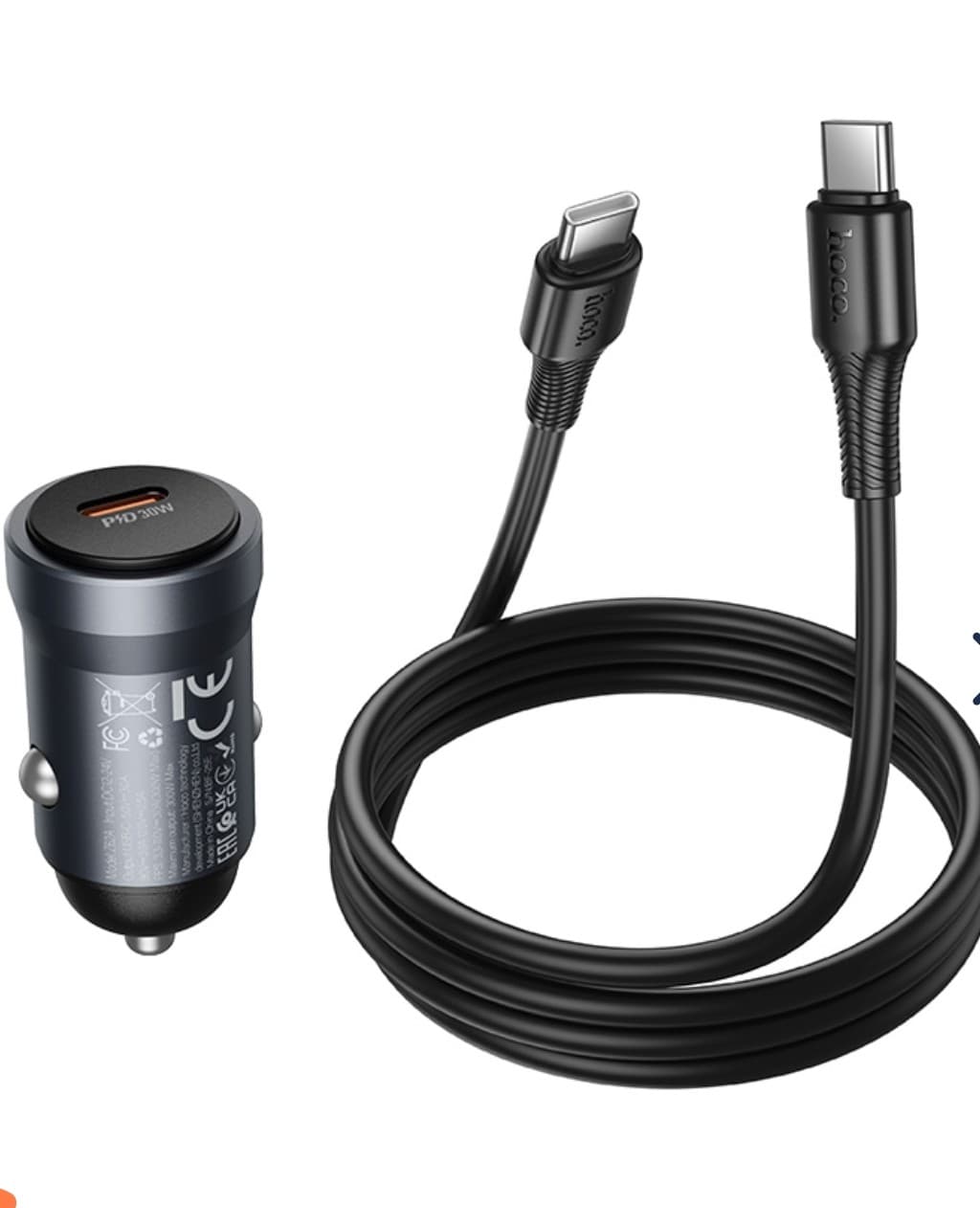 hoco Z62A Energy High Power 30W Aluminium Alloy Single Port Mini Car Charger Set with Type-C to Type-C Cable Metal Grey