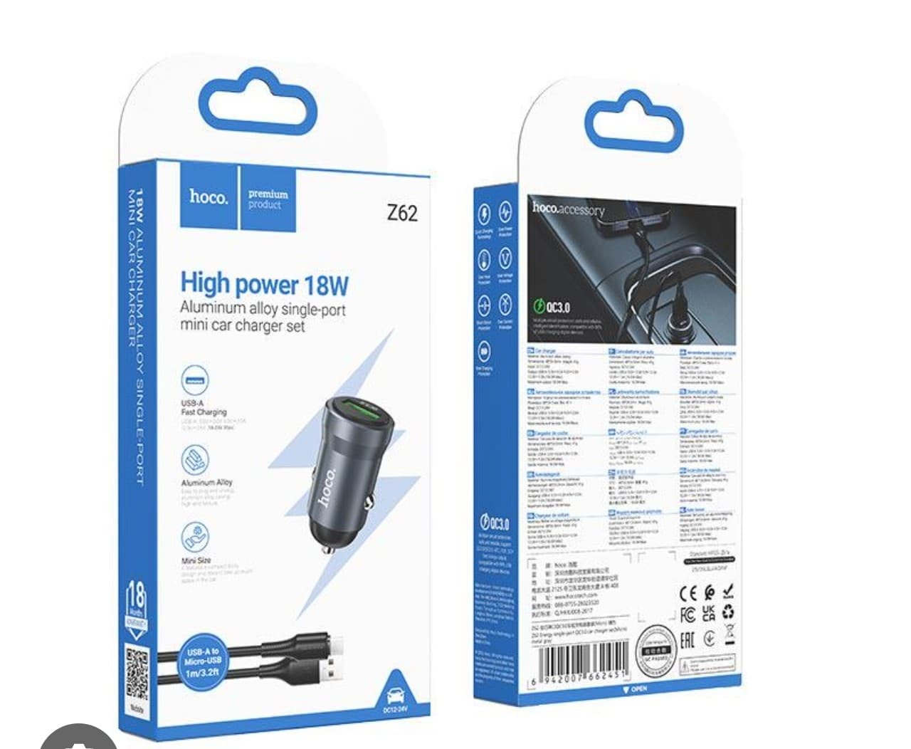 hoco Z62 Energy High Power 18W Aluminium Alloy Single Port Mini Car Charger Set with Micro USB Cable Metal Grey