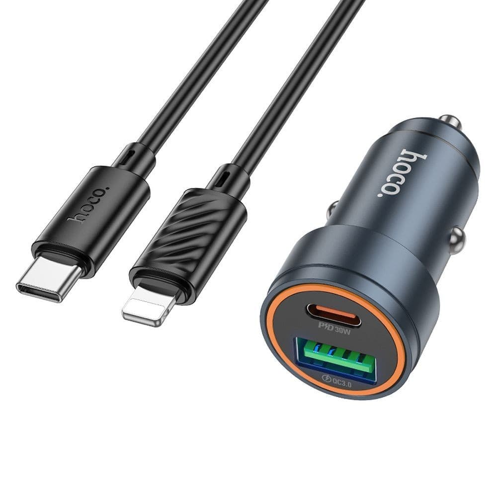 hoco Z57A Glorious PD30W and QC3.0 Dual Port Aluminium Alloy Mini Car Charger Set with USB-C to Lightning Cable Metal Grey