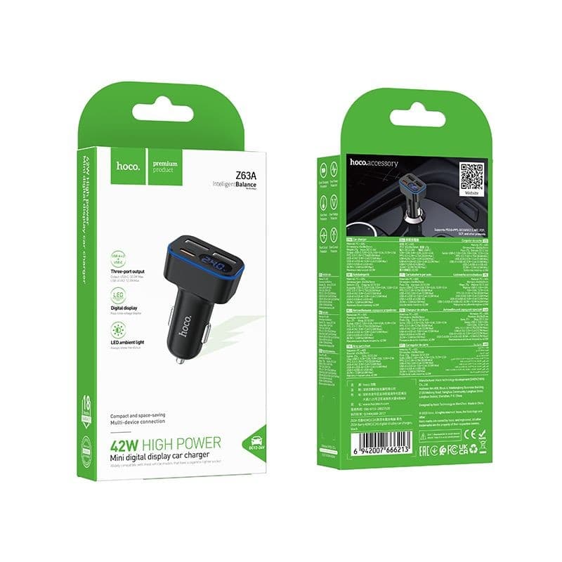 hoco Z63A Rarity 42W Three Port Digital Display Car Charger Black
