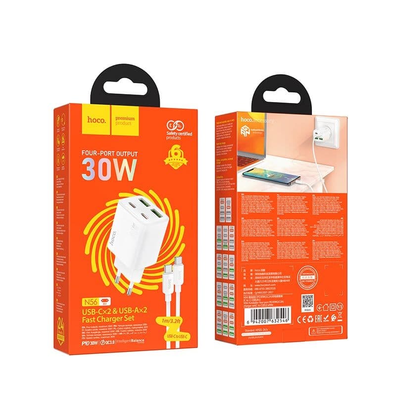 hoco N56 Fundador Four-Port 30W Fast Charger Set (C to C, EU) White