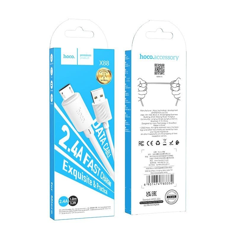 hoco X88 Gratified 2.4A USB-A to Micro USB Data Cable 1 m White