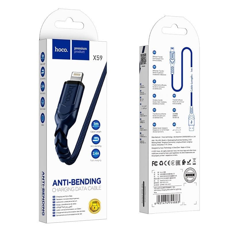 hoco X59 Victory Anti-Bending USB-A to Lightning Charging Data Cable 1 m Blue