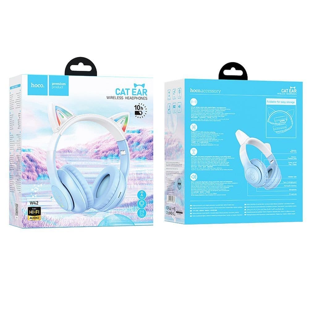 hoco W42 Cat Ear Wireless Bluetooth Headphones with RGB Lighting Blue