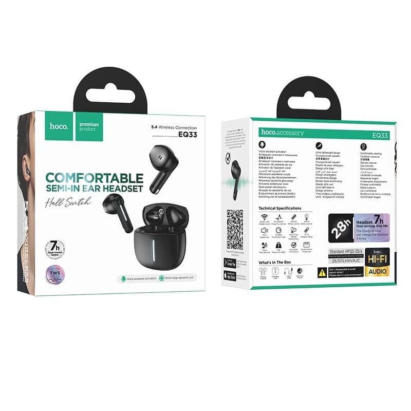 hoco EQ33 Comfortable Semi-In-Ear Hall Switch TWS Bluetooth Headset Black