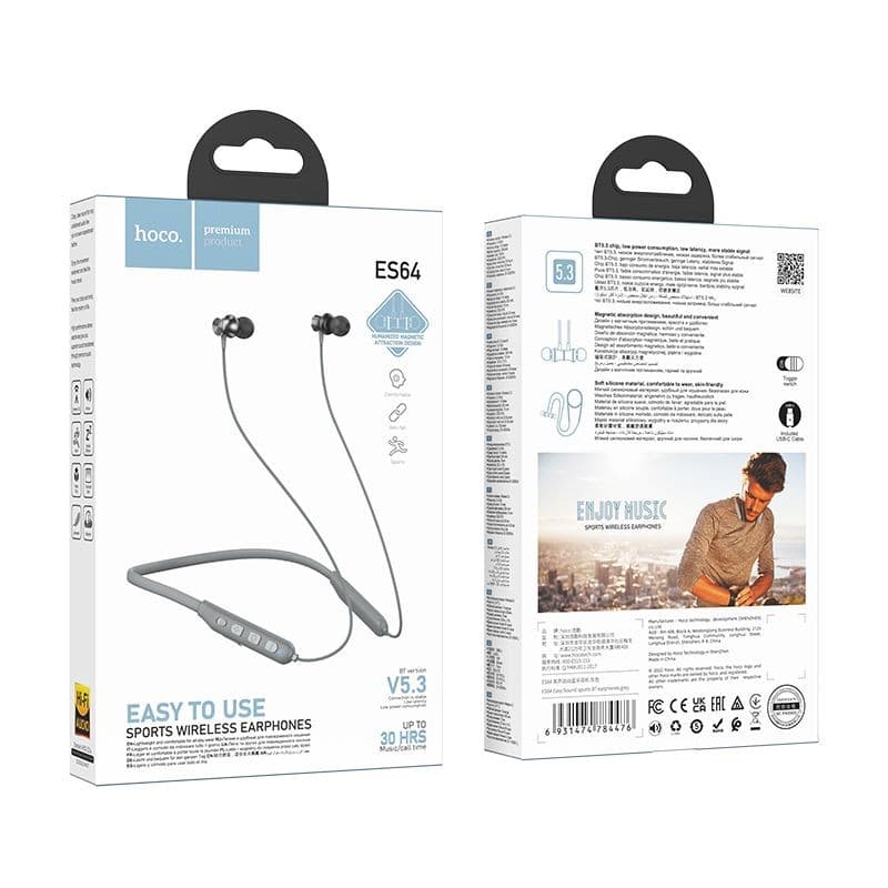 hoco ES64 Easy Sound Sports Wireless Neckband Earphones Grey