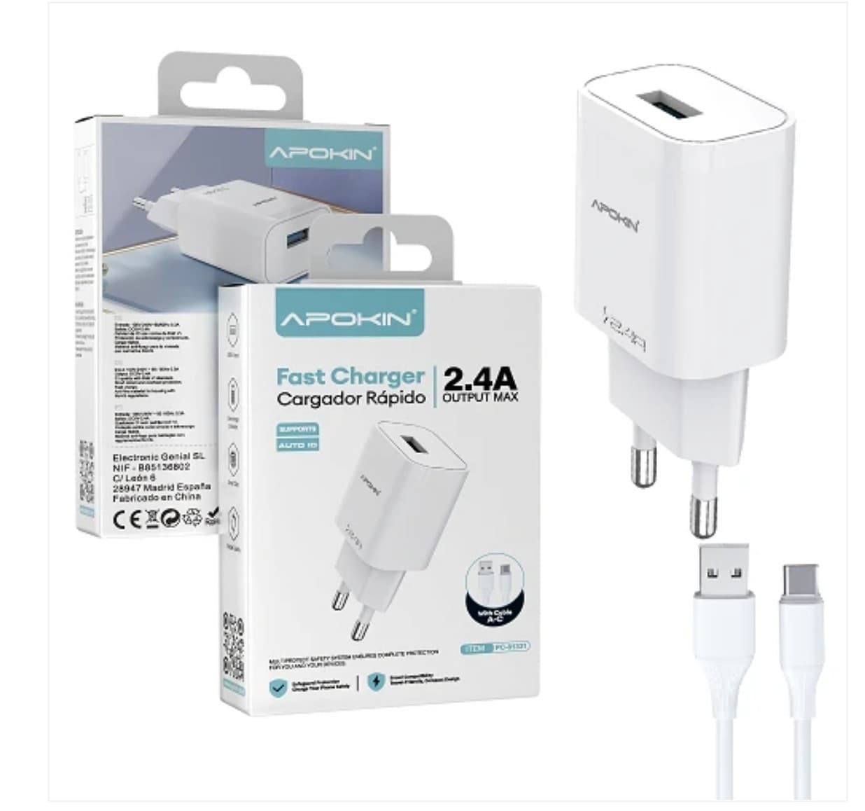 Apokin 2.4A Fast Charger with USB-A to USB-C Cable White