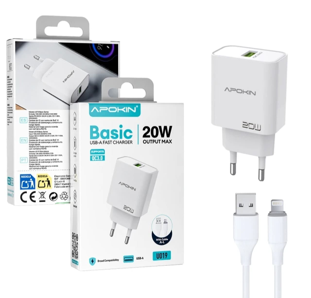 Apokin U019 Basic 20W USB-A Fast Charger with Lightning Cable White