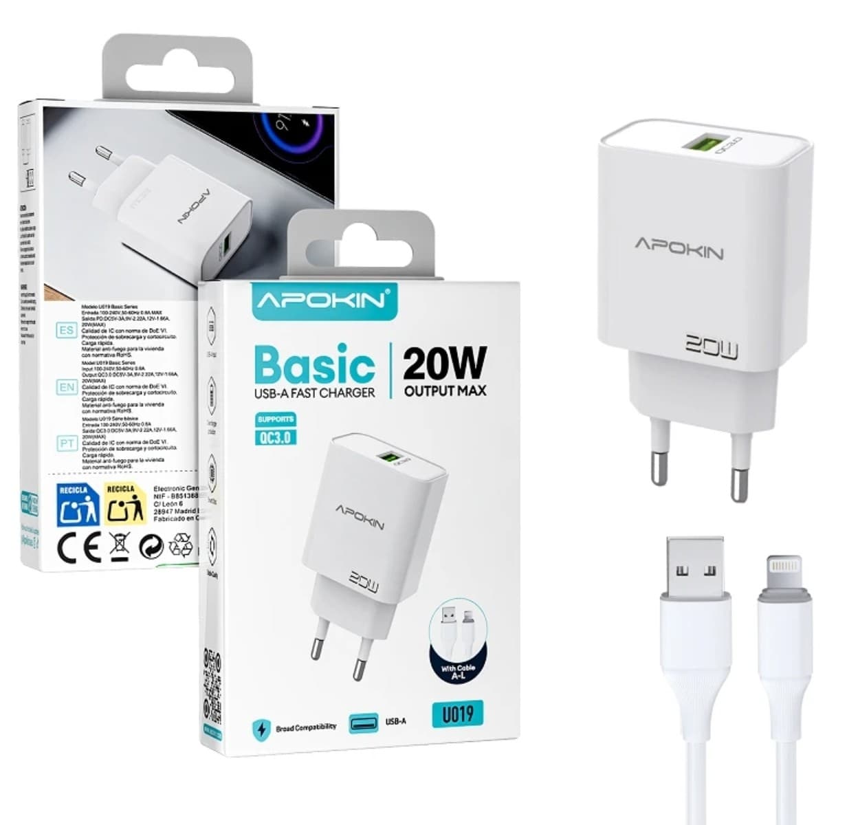Apokin U019 Basic 20W USB-A Fast Charger with Lightning Cable White
