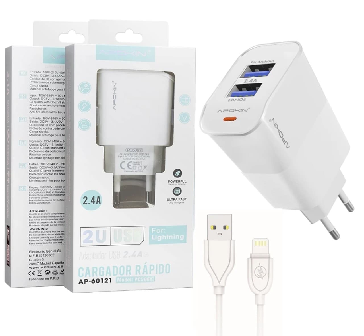 Apokin AP-60121 Dual USB 2.4A Fast Charger with Lightning Cable White