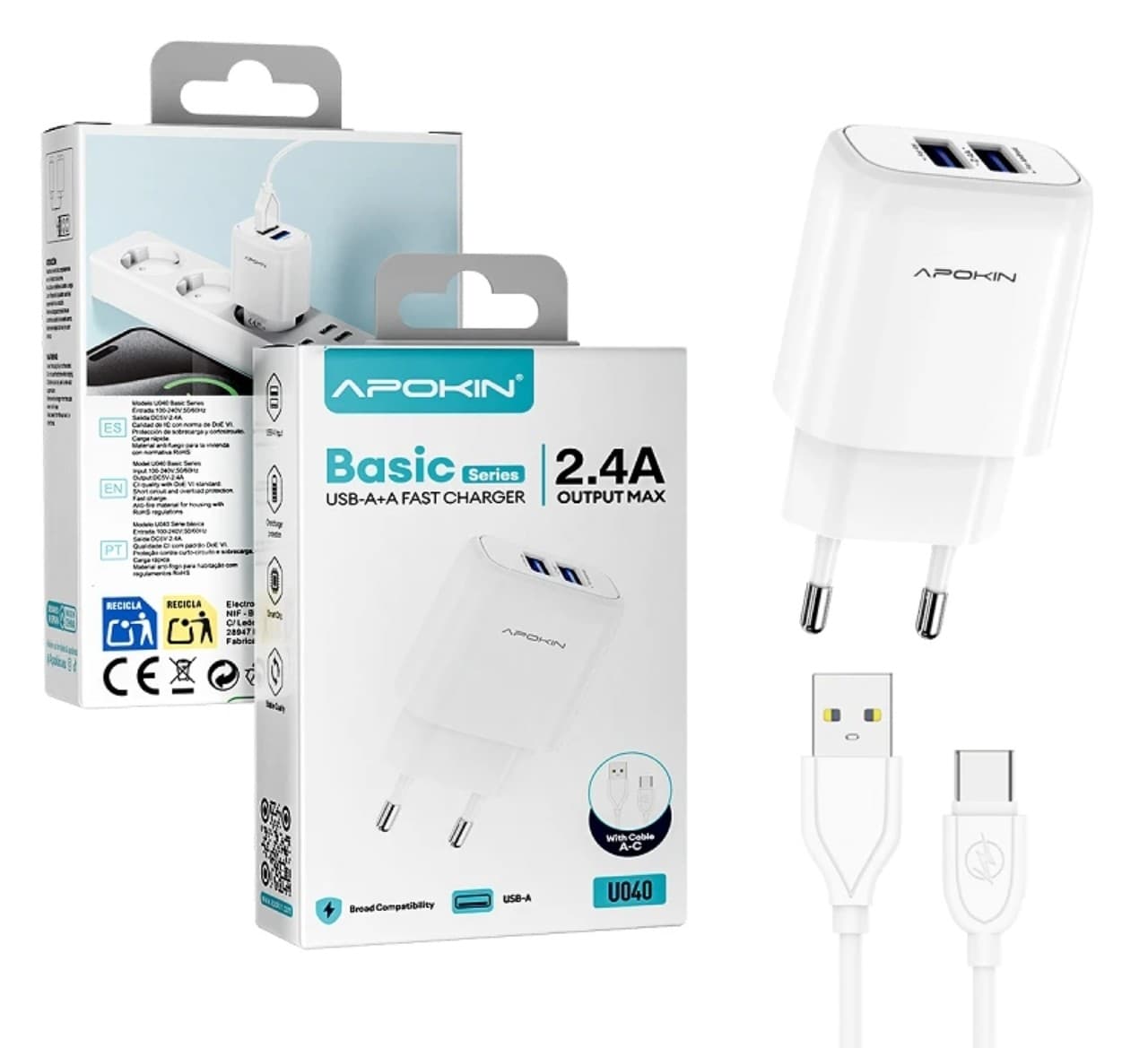 Apokin U040 Basic Dual USB-A 2.4A Fast Charger with USB-C Cable White