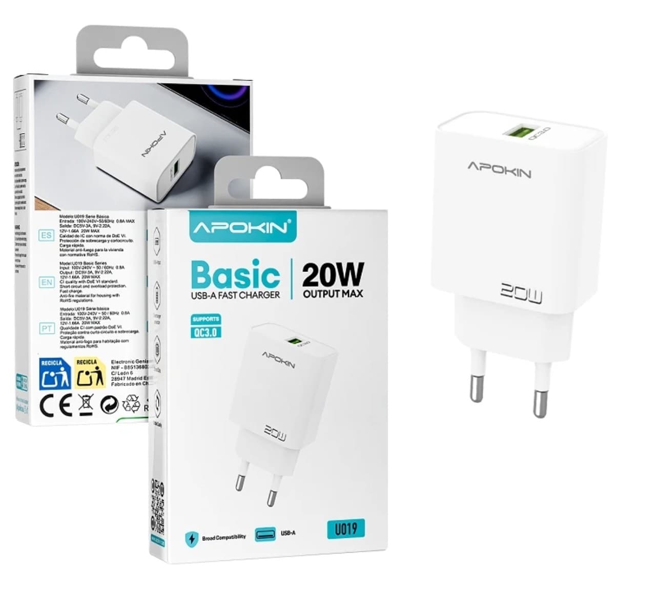 Apokin U019 Basic 20W USB-A Fast Charger White (no cable)