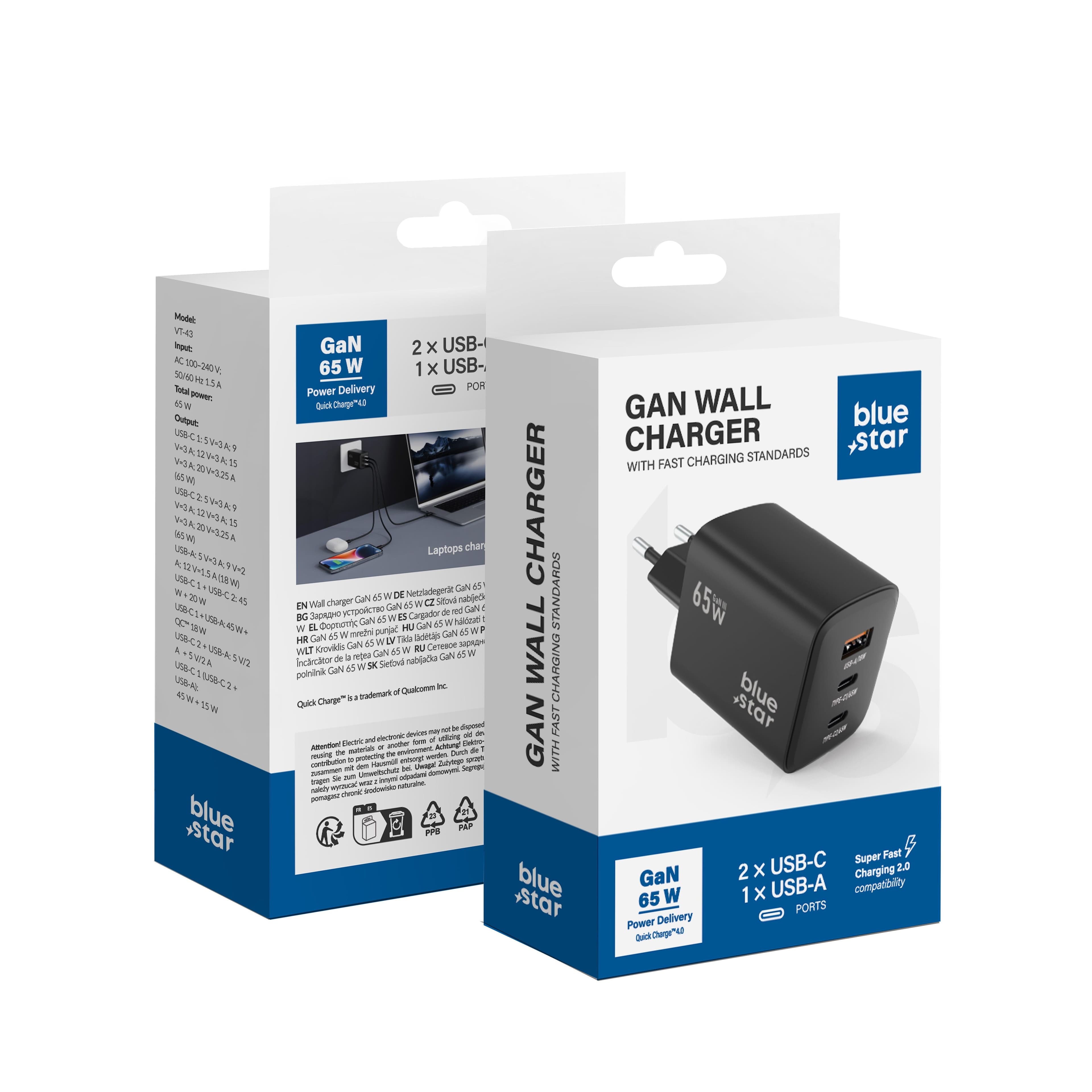Blue Star VT-43 GaN 65W Wall Charger 2x USB-C + USB-A Black