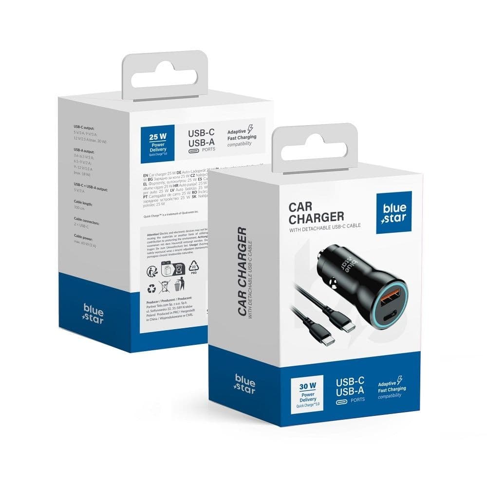Blue Star Car Charger USB-C + USB-A with Detachable USB-C Cable Black