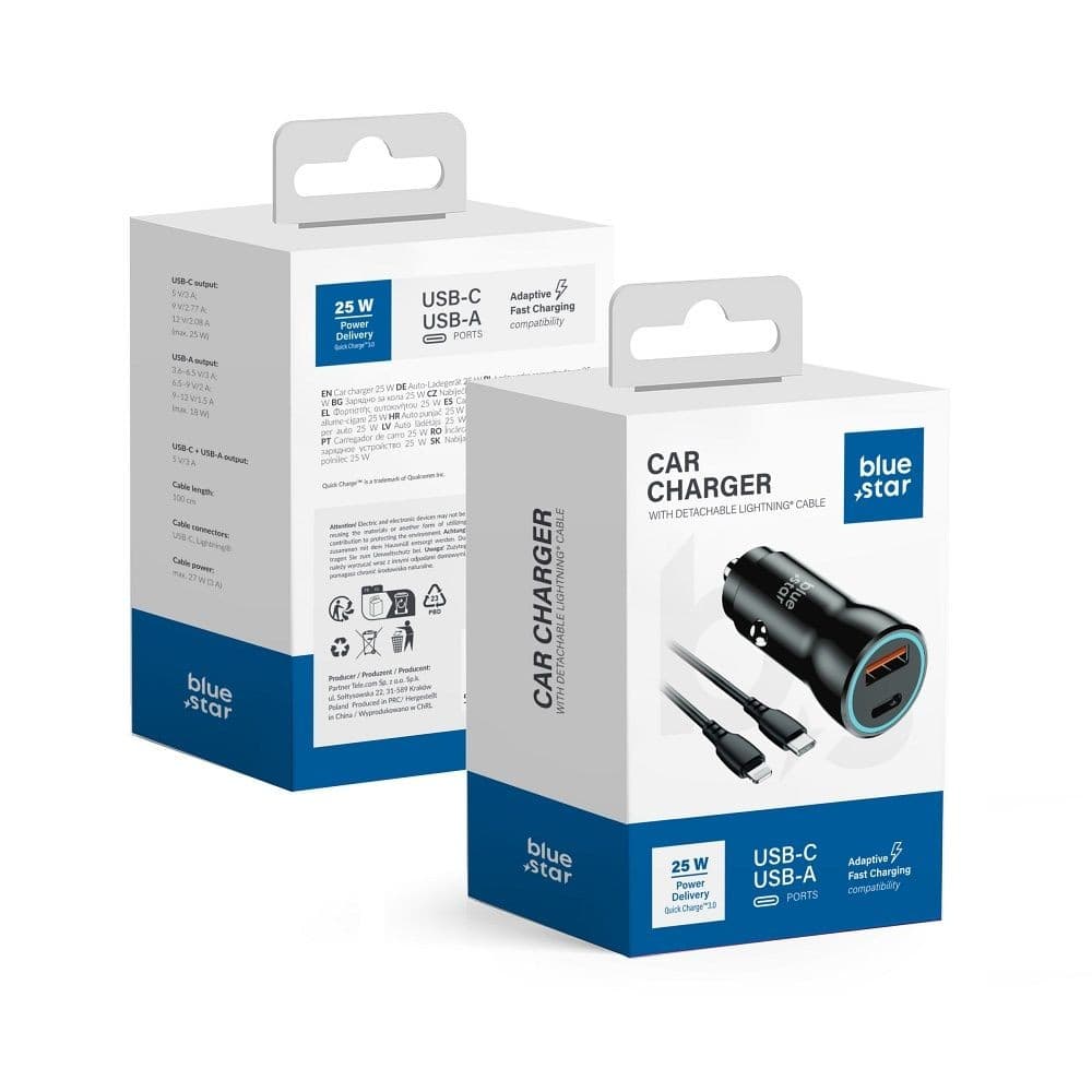 Blue Star Car Charger 25W with Detachable Lightning Cable Black