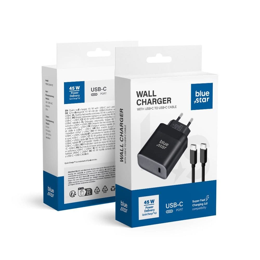 Blue Star 45W Wall Charger USB-C with USB-C to USB-C Cable Black