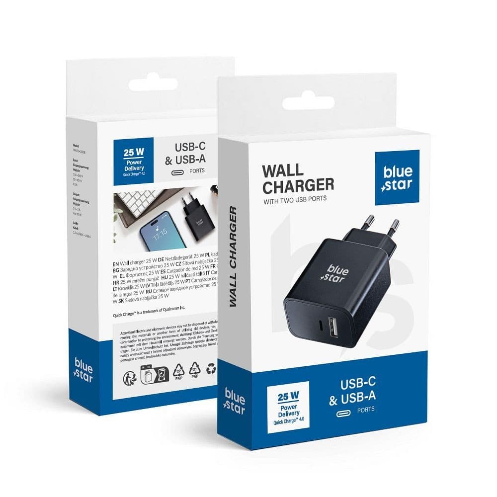 Blue Star 25W Wall Charger with USB-C and USB-A Ports Black