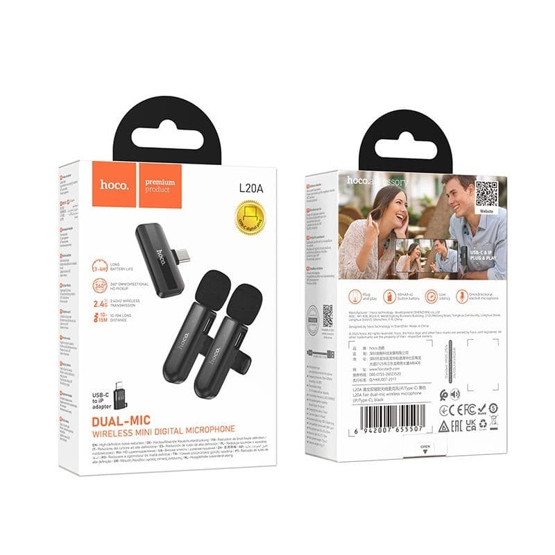 hoco L20A Fair Dual-Mic Wireless Mini Digital Microphone (iP/Type-C) Black