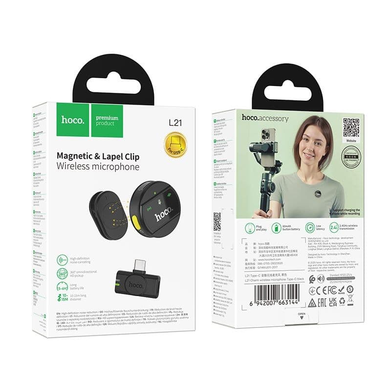 hoco L21 Charm Magnetic Lapel Clip Wireless Microphone USB-C Black